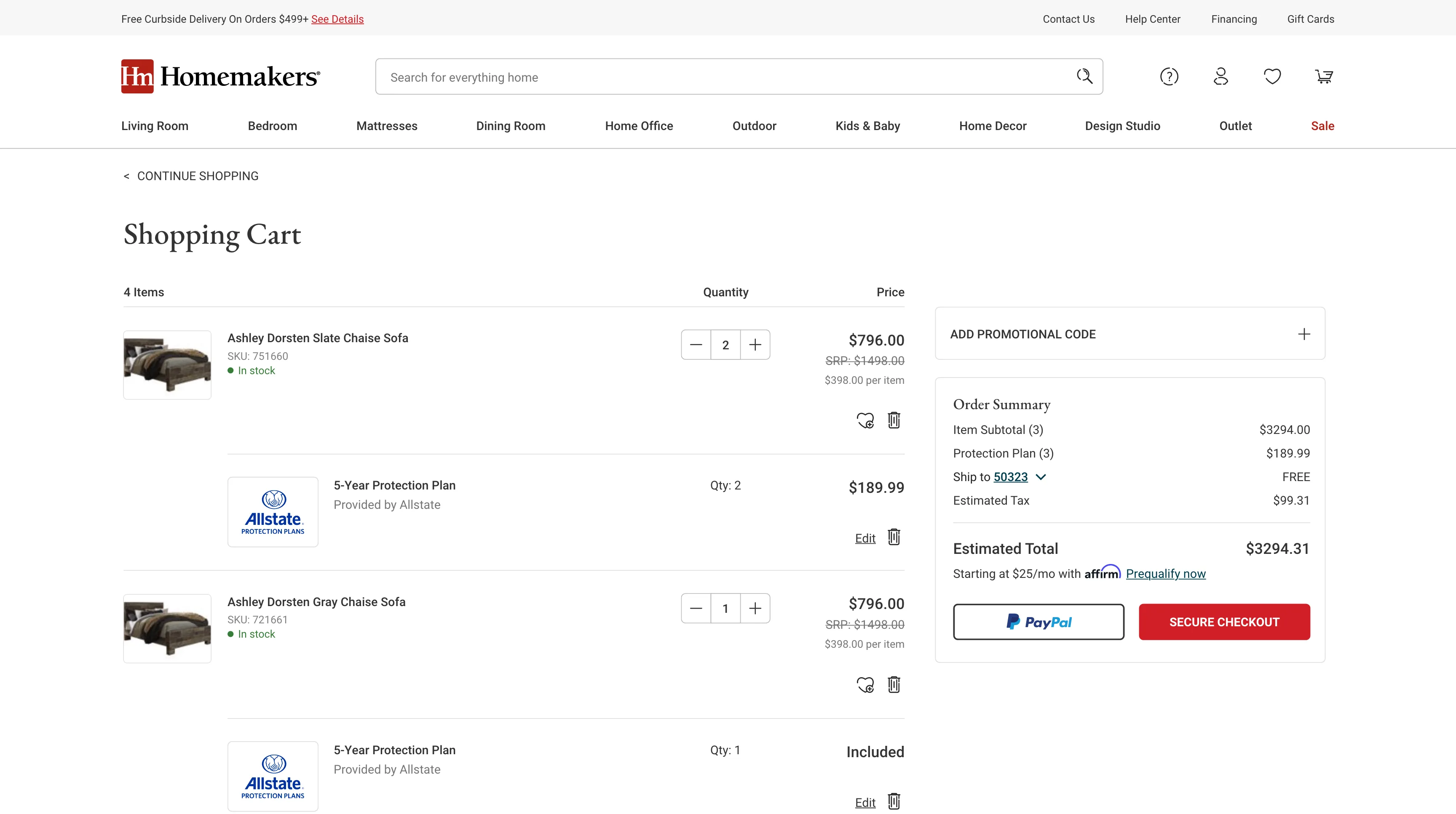 Desktop shopping cart with Allstate protection plans added to multiple items