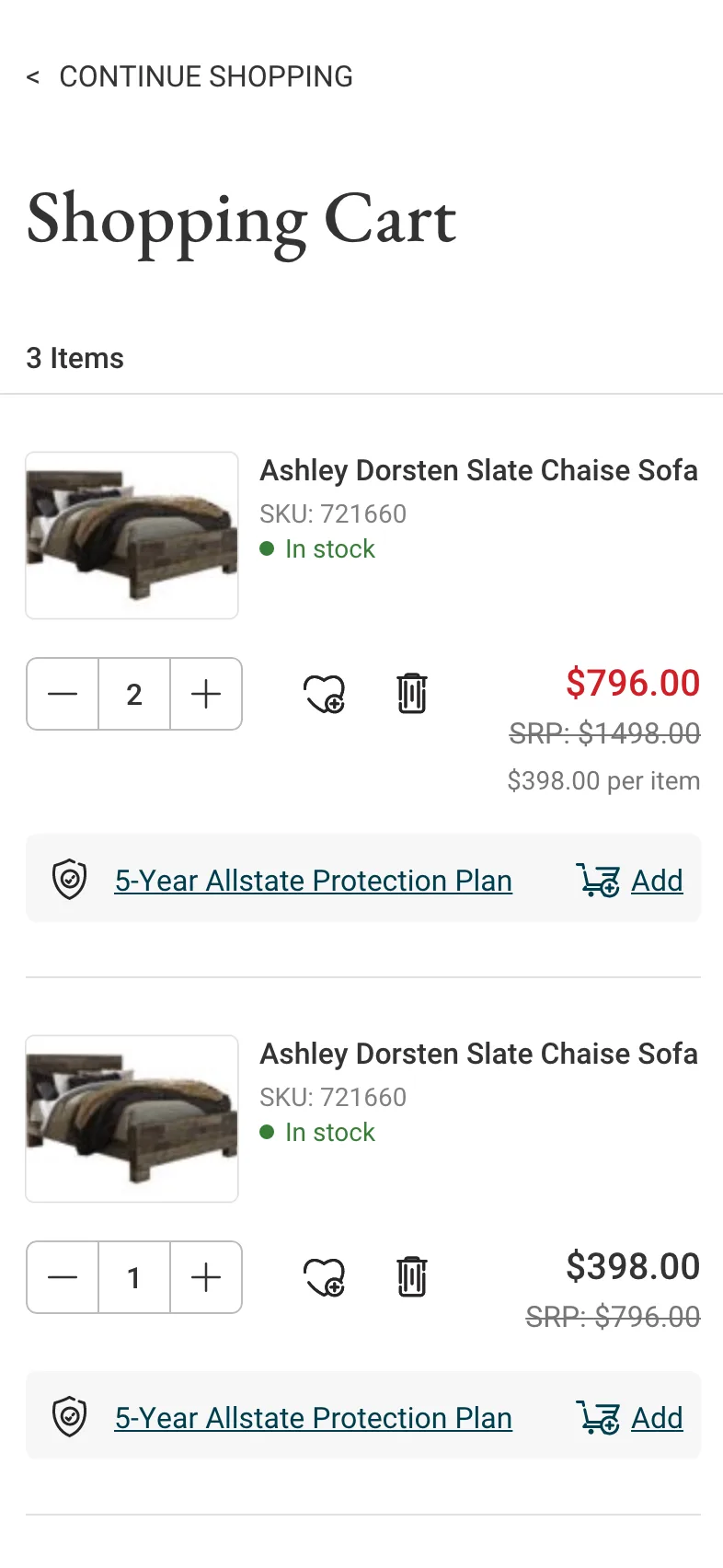 Mobile shopping cart with Ashley Dorsten Slate sofas and an option to add a 5-year Allstate Protection Plan to each item