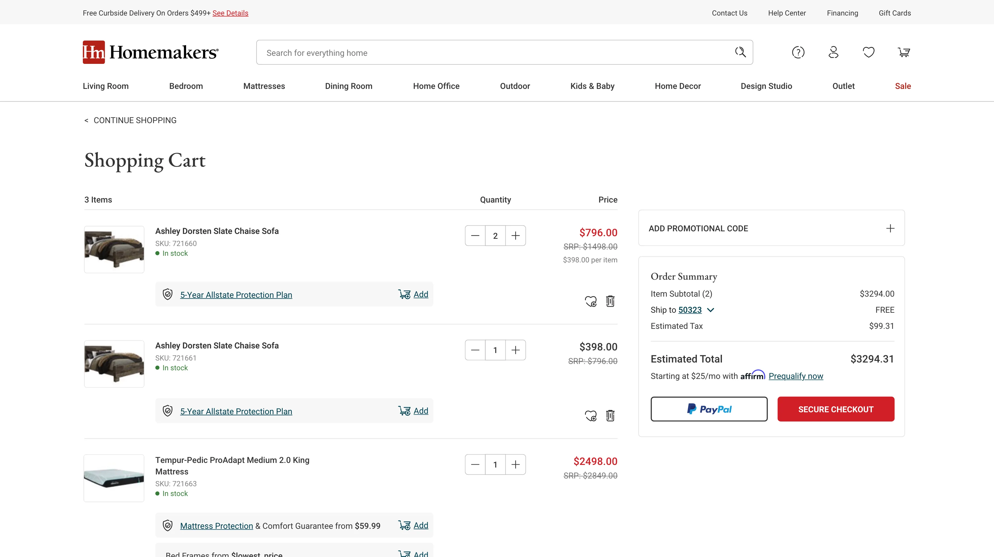 Desktop shopping cart with furniture items and no Allstate protection plans added