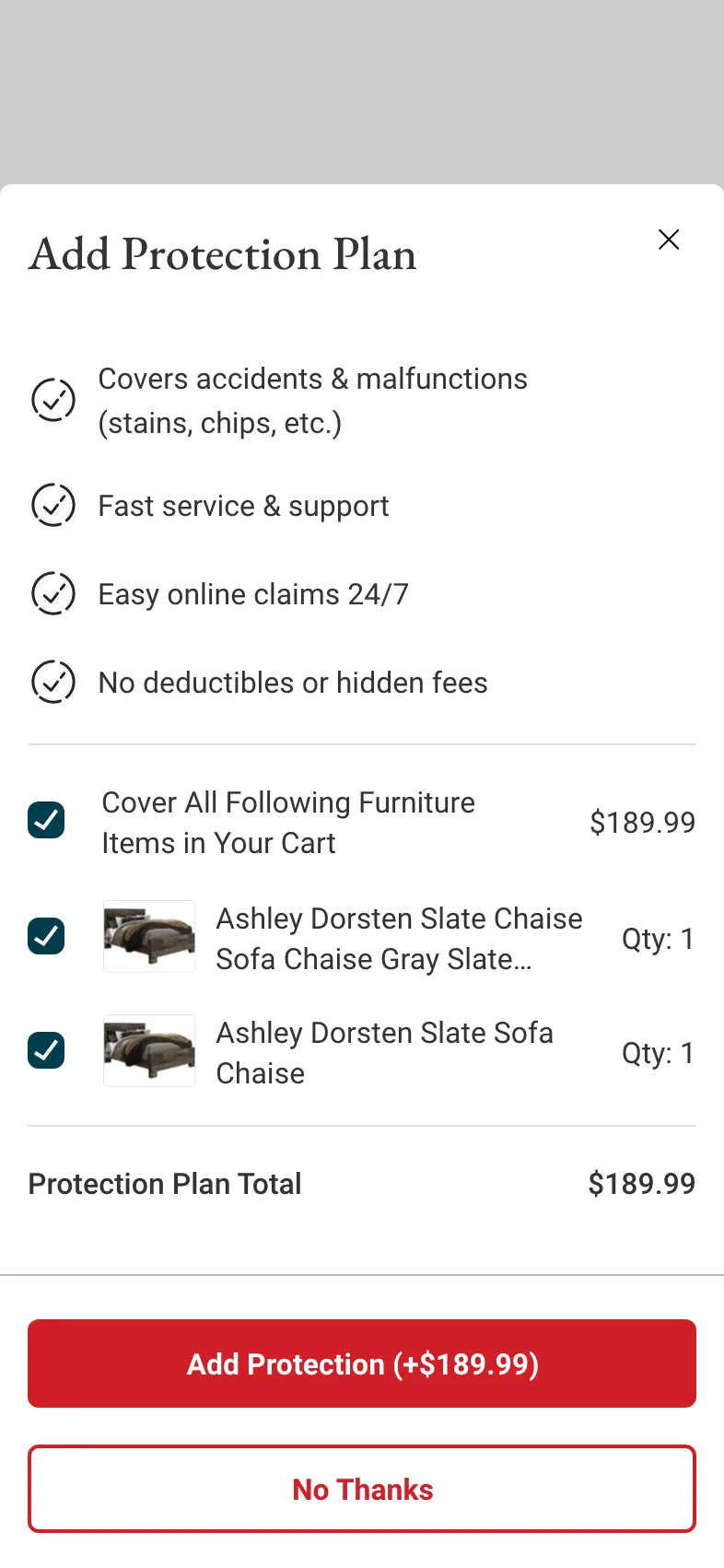 Mobile Add Protection Plan interstitial listing plan benefits and multiple cart items with a $189.99 plan total