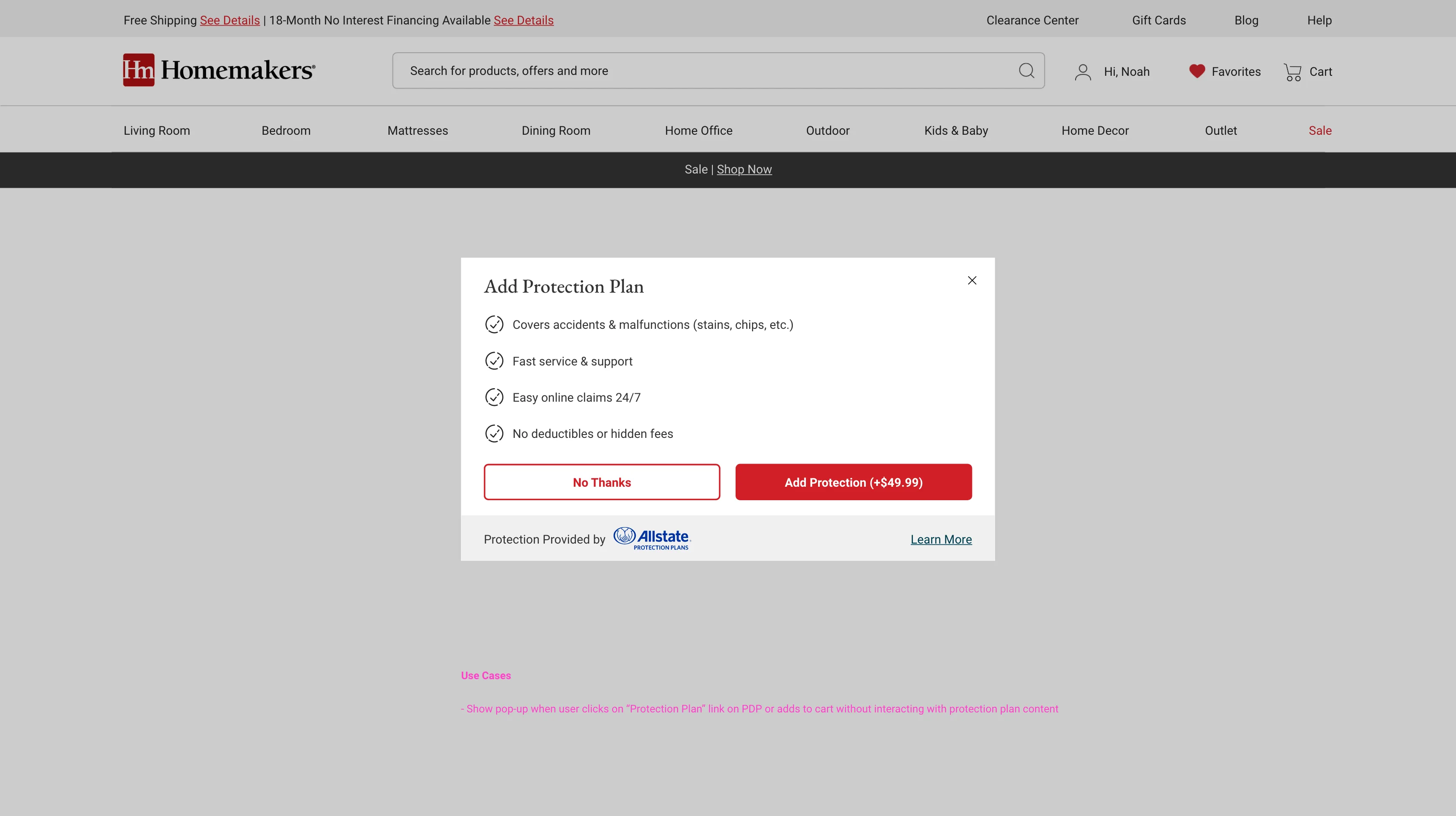 Desktop Add Protection Plan interstitial modal for a single item after Add to Cart