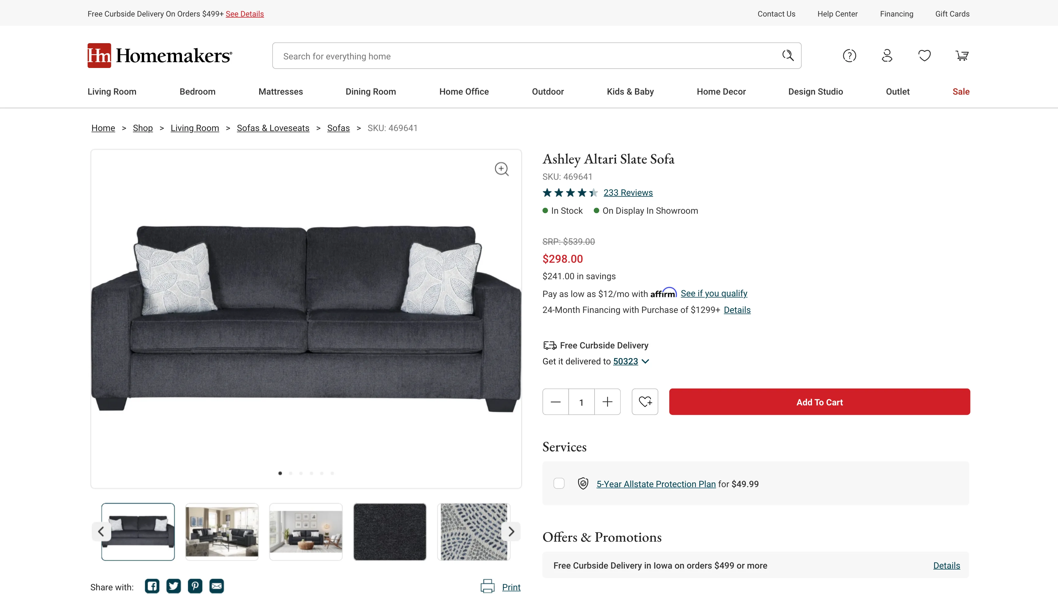Desktop product page for a dark gray sofa with an Allstate protection plan option in the buy box