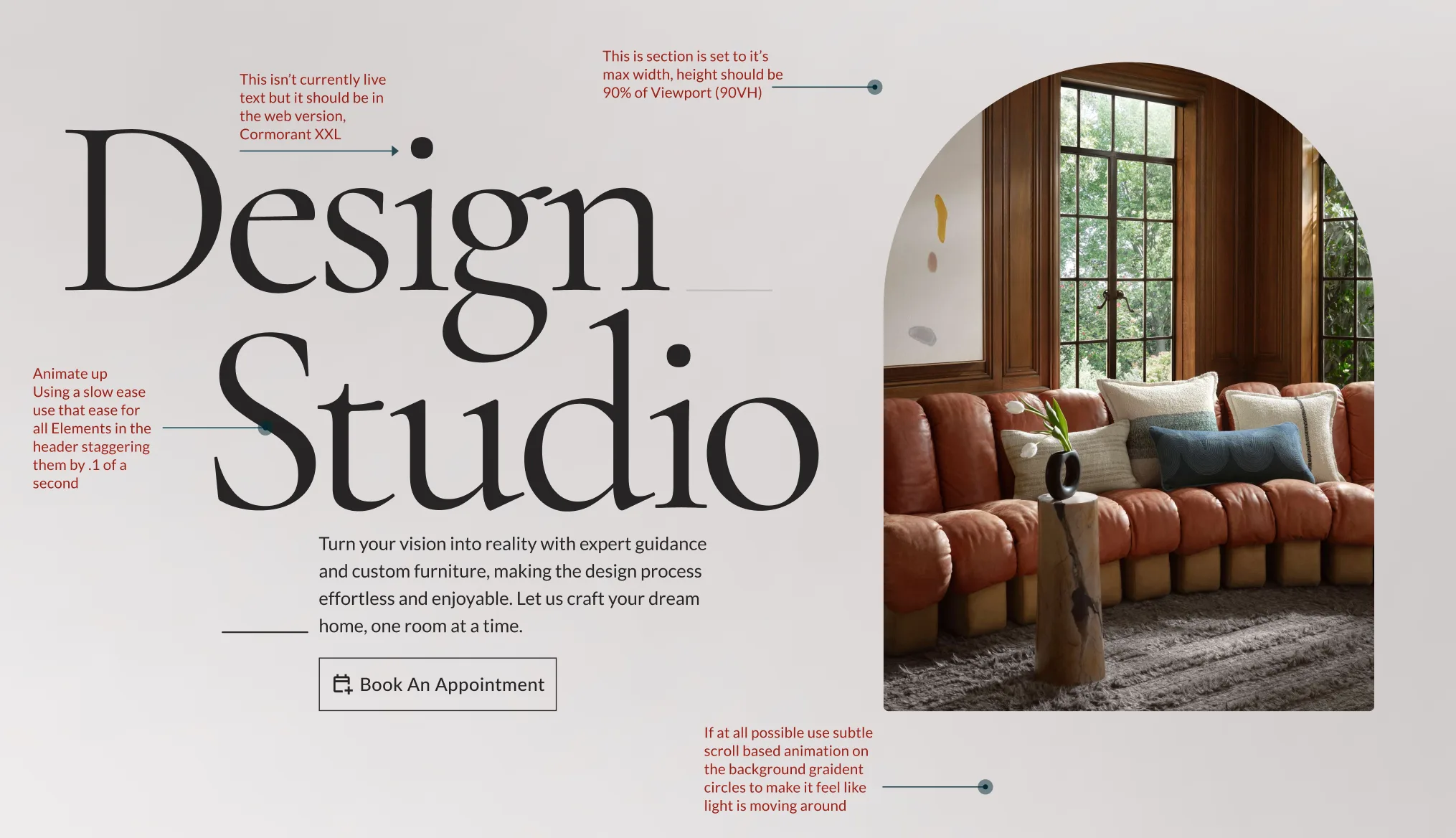 Annotated Design Studio page mockup with design callouts around the hero and content sections