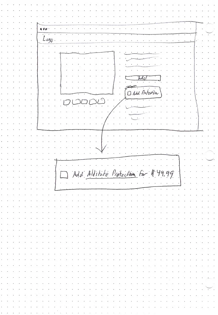 Hand-drawn wireframe sketch of a product page with an Add Allstate Protection Plan checkbox